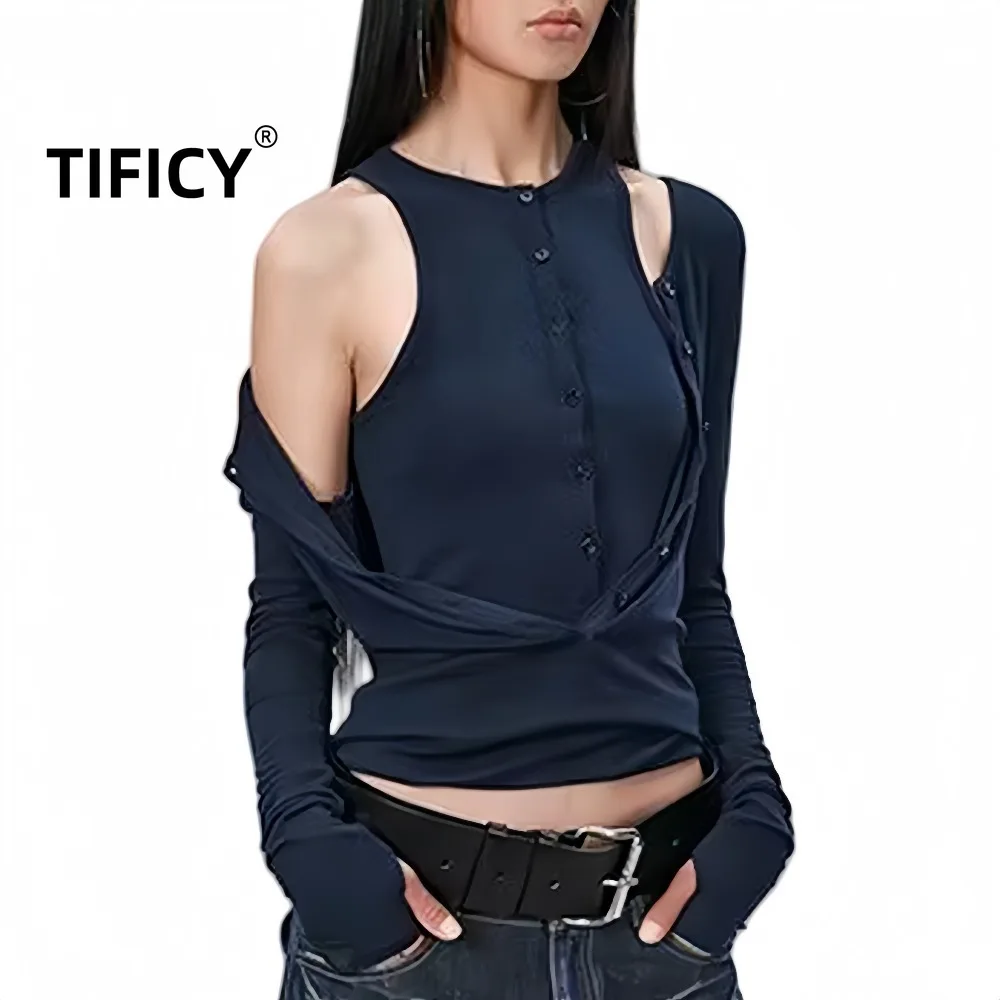 High Street Fashion Sexy T-shirts Tops Women's Two Button Placket Tencel Wool Knit Long Sleeved T Shirt Tops