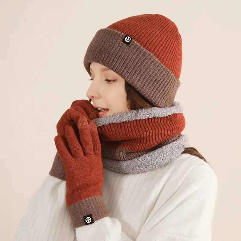 Unisex Beanies Hat Ring Scarf Gloves Set Winter Knitted Thick Warm Women Men Solid Retro Beanie Hat Soft Touch Screen Gloves