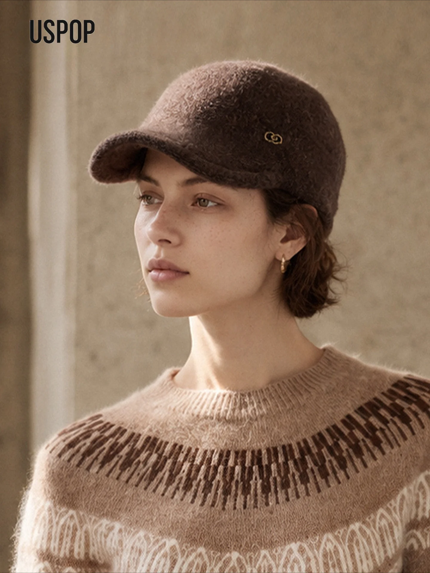 USPOP Women's Soft Knitted Cap Short Brim Warm Winter Hat Vintage Equestrian Riding Style Casual Cap