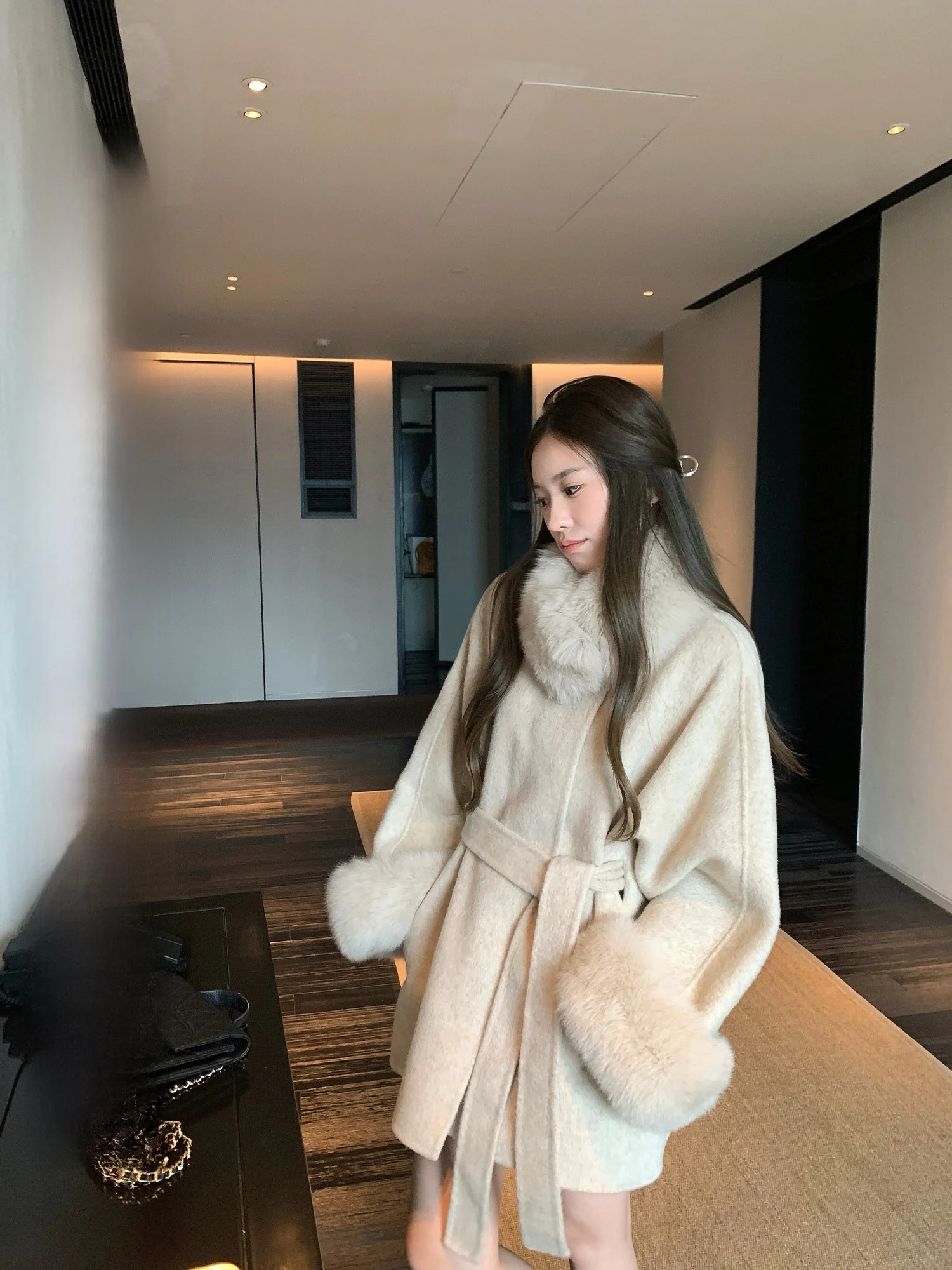 

Hhi Twilight Handwritten Double-Faced Woolen Coat Women's Winter High-End Fur Collar Wool Coat Elegance Commute Sle