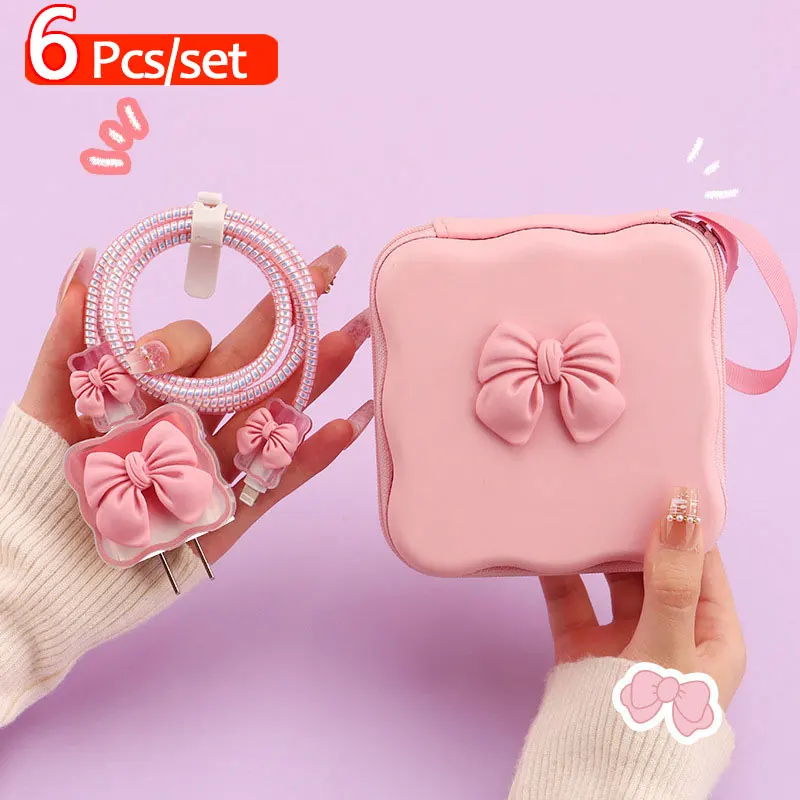 5 in 1 Cable Protector Set and Storage Bag Lovely Bow Knot Travel Storage Bag Cute Cable Charger Protector Cord Organizer