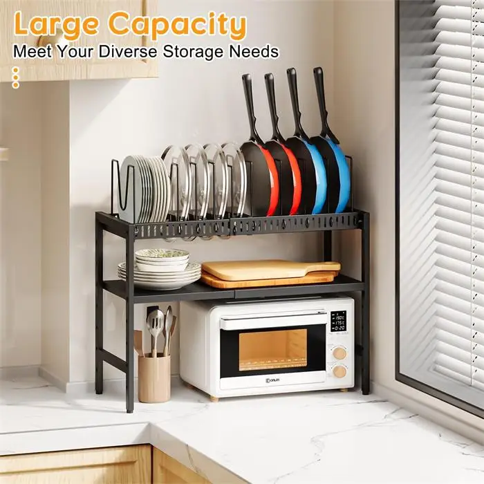 2-Tier Expandable Pots Lid and Pans Organizer Rack Under Cabinet, Adjustable Shelves for Kitchen Pantry Organization and Storage