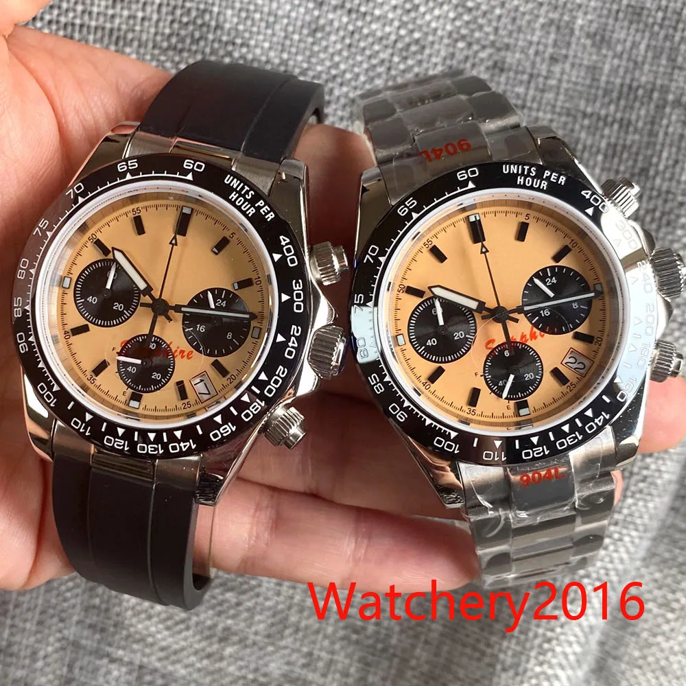 Customized 39mm Yellow Sterile dial Vk63 Movement Model Multi-Function Full Chronograph Quartz Mens Watch Rubber Strap Bracelet