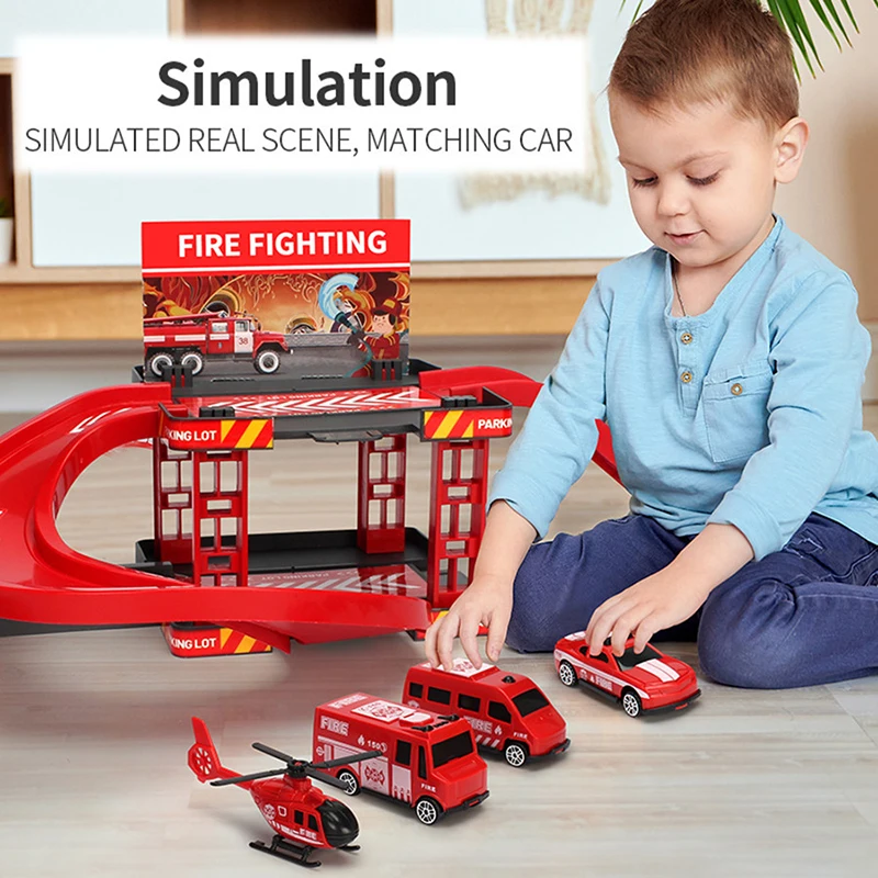 Coche de pista de estacionamiento, juguetes para niños, coches de policía, motores de bomberos, vehículo de ingeniería, rampa, construcción de carreteras, juegos de pista deslizante inercial