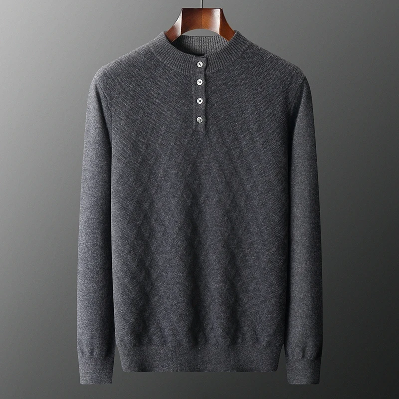 Men Sweaters 100% GOAT CASHMERE Knitted Pullover Winter Autumn button collar Full Sleeve Jumpers Solid Color Male Clothes