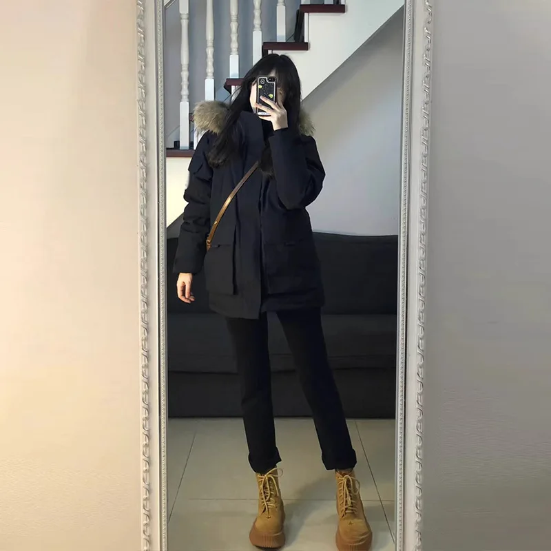 American Style High-End Short Cotton Jacket 2025 New Style Thickened Black Hooded Jacket Women's Winter Multi-Pocket Parka