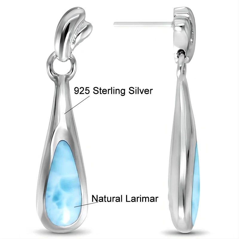 Hot Selling Larimar Earrings Natural Larimar Pendant  Studs Earrings 925 Sterling Silver Women's Gemstone Jewelry