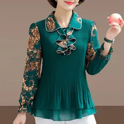 Elegant Long Sleeve Chiffon Printed Shirt for Women Korean Vintage All-match Ruffles Spliced Slim Blouse Spring Female Clothing