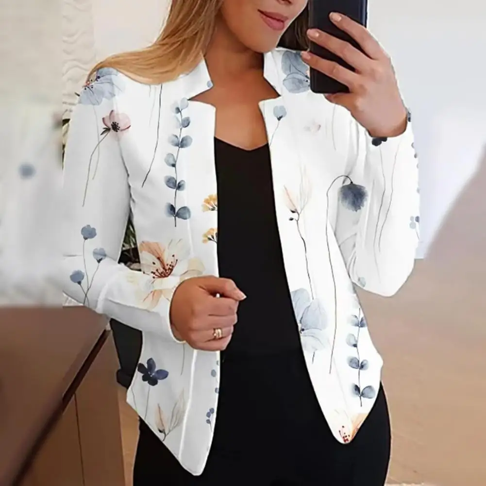 Chaqueta de oficina con estampado Floral para mujer, traje de cuello alto, abrigo elegante para mujer, chaquetas largas ajustadas para mujer