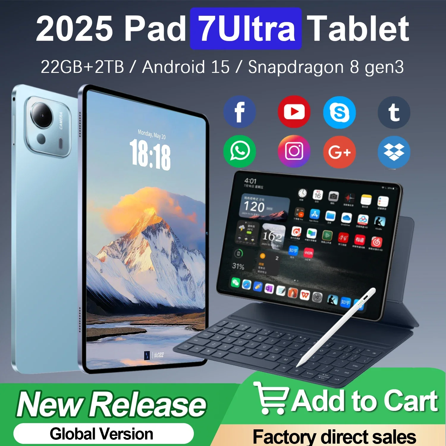 

Глобальная версия Pad 7 Ultra Snapdragon 8 gen3 22 ГБ + 2 ТБ Android 15 5G Dual SIM 10-ядерный Wi-Fi WPS 20000 мАч Оригинальные планшеты