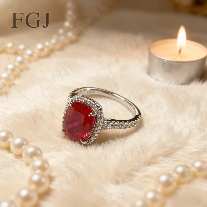 8x10mm Elongated-Cushion Custom Ring Lab Sapphire/Ruby/Columbia Sparkling Luxury Christmas Gifts Exquisite Design for Wedding