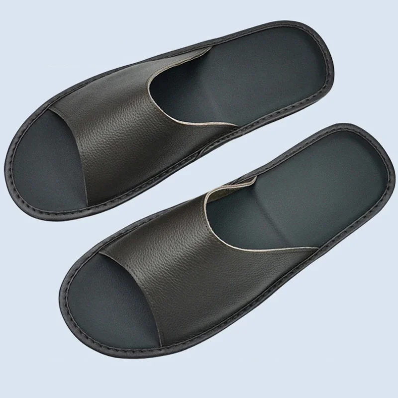 Genuine Cow Leather Slippers Homes in Indoor Slipper Summer Open Toe Sandals Men Women Elderly Casual Single Slides Shoes