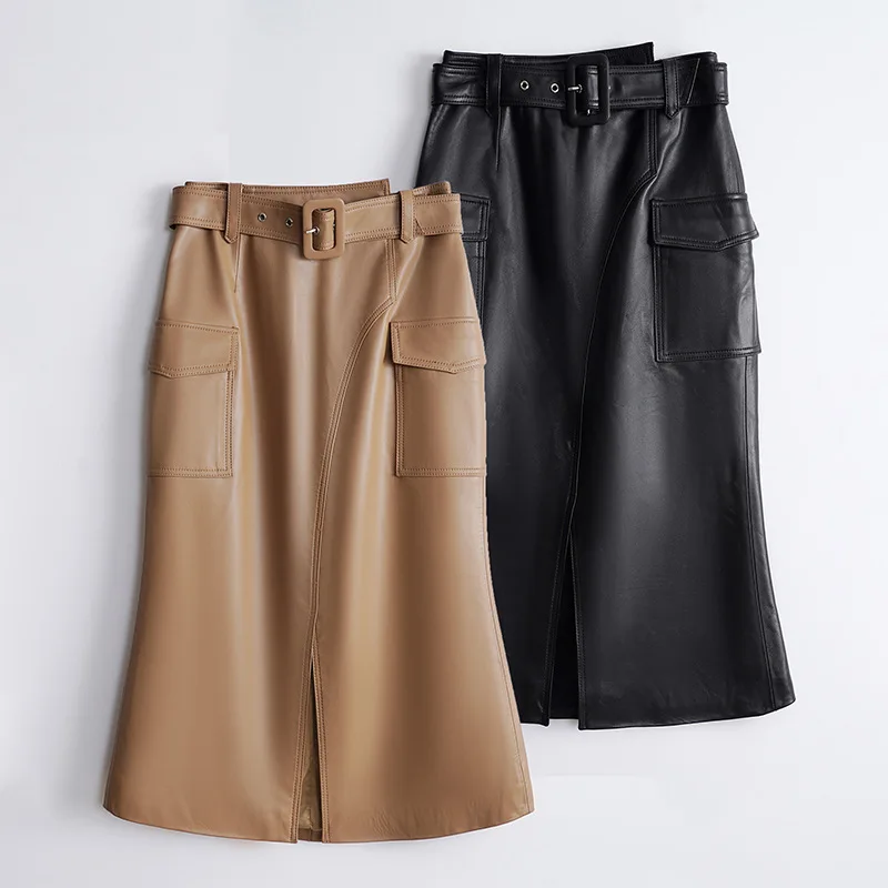 

2023 New Arrival Women High Waisted Safair Easy Matching Genuine Sheepskin Leather Skirt