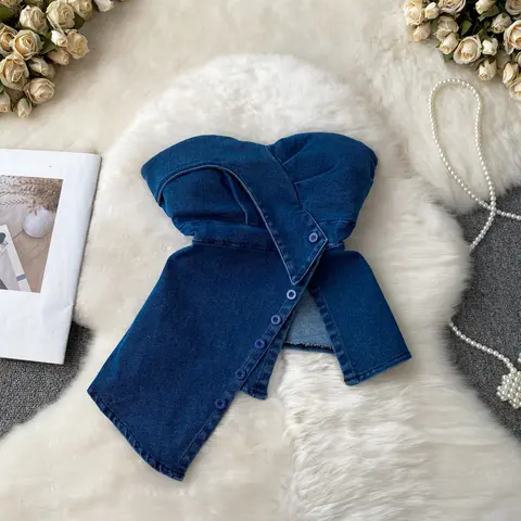 Chic Asymmetrical  Denim Tube Top Sexy Vintage Camis Korean Fashion Crop Top Y2k Vintage Tanks Top  Women Corset Bustier