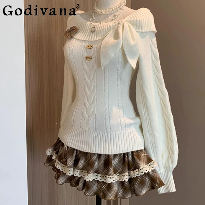 منقوشة تنورة قصيرة مجموعة للنساء الخريف الشتاء خمر نمط الحلو قبالة الكتف سترة الدانتيل المرقعة تنورة السيدات لوليتا الدعاوى #6