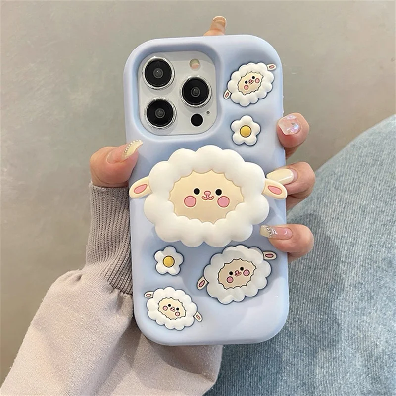 

For iphone 16 pro max Cartoon Sheep fold bracket Soft Silicone Case for iphone 17 15 14 i11 12 13 15 Pro Max 14pm Cute Patterns