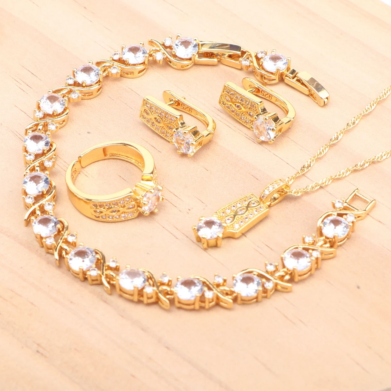 

925 Sterling Silver Jewelry Sets Bridal Women Gold Color White Zircon Earrings Ring Bracelets Pendant Wedding Necklace Set