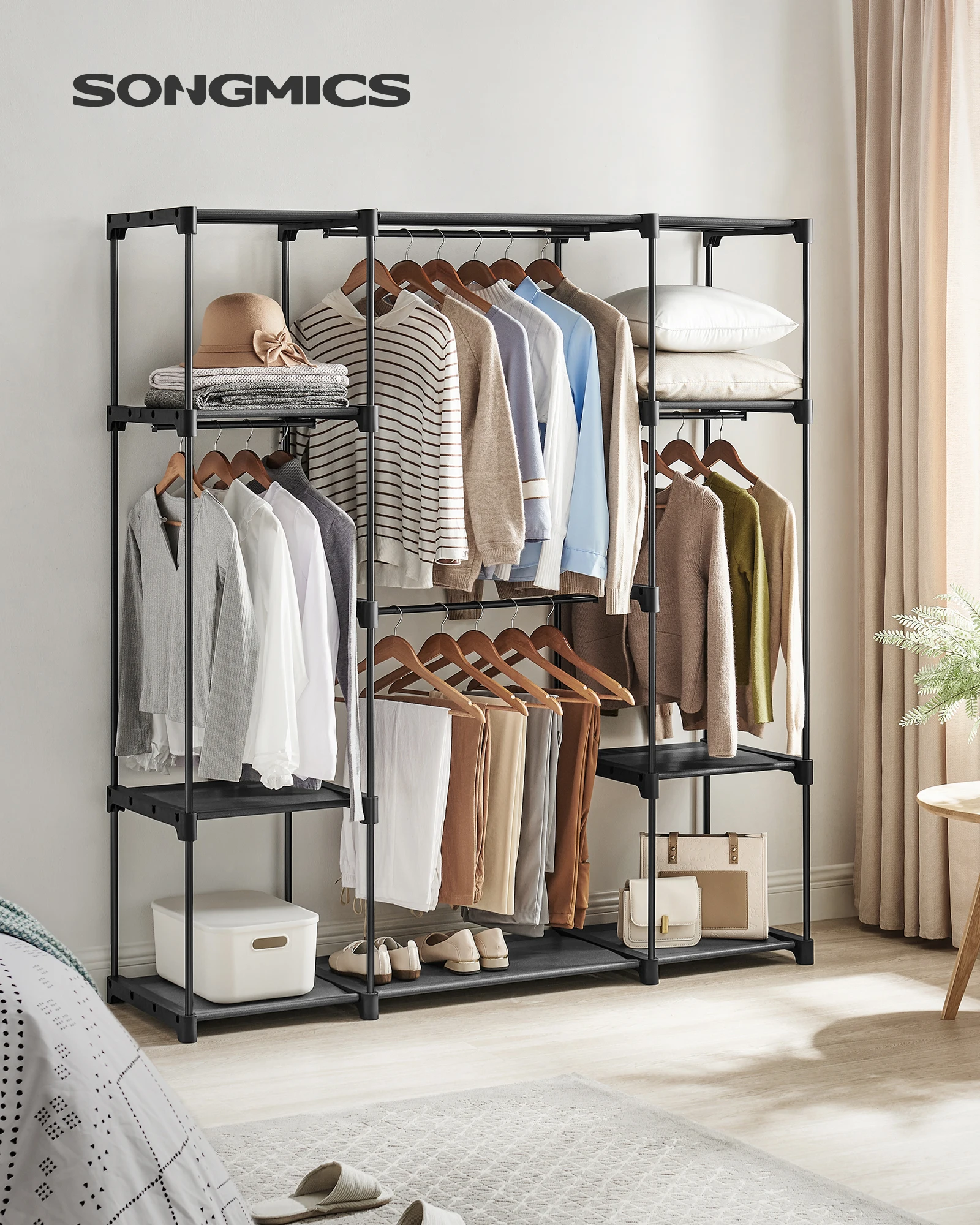 SONGMICS Kleiderständer, Kleiderschrank offen, 4 Hängefächer