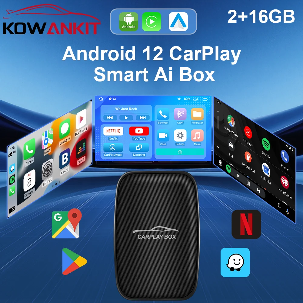 

KowanKit Android 12 Smart CarPlay Box 3 in 1 2+16G Wireless Android Auto Car Adapter Plug & Play Car Tv Box For Netflix YouTube