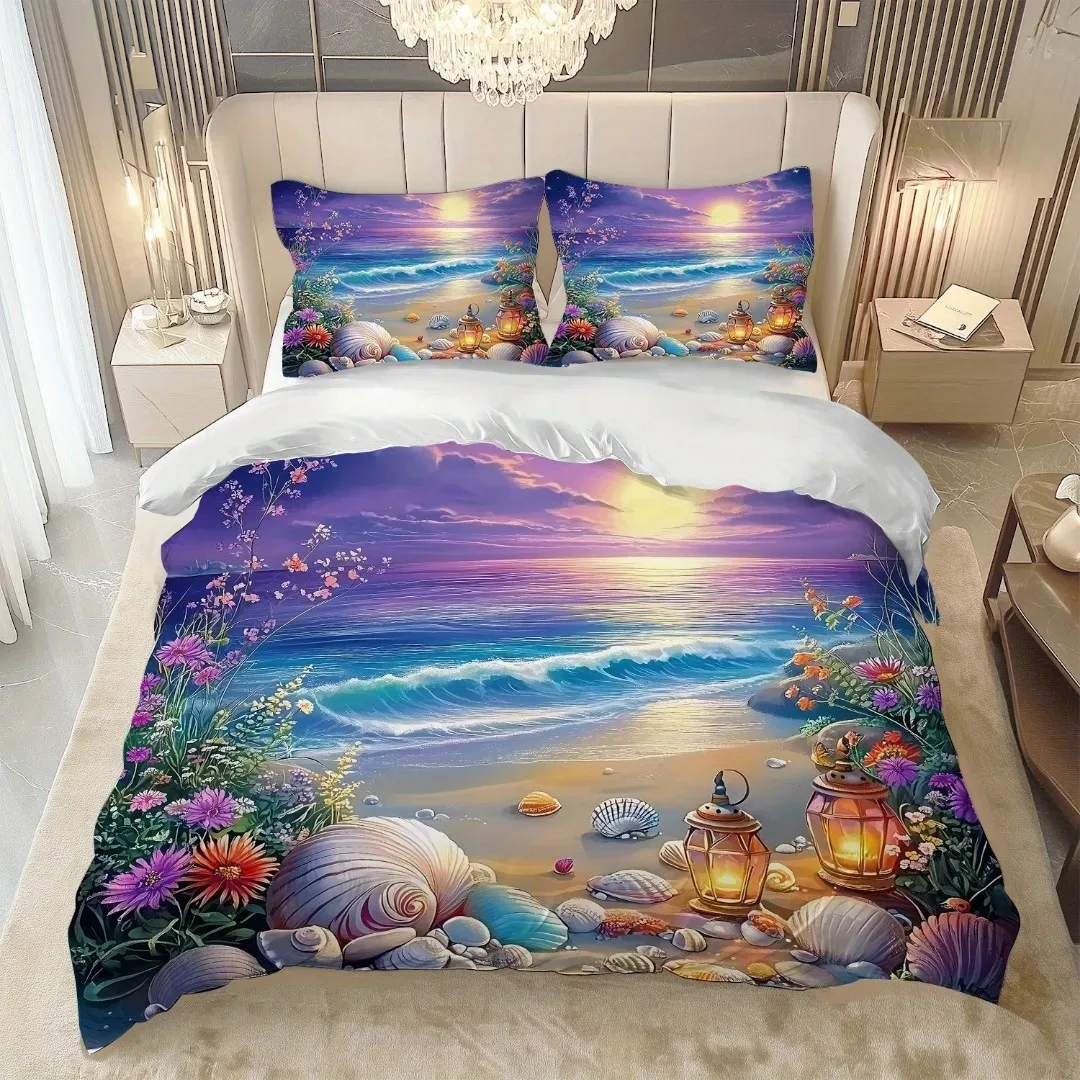 3pcs Purple Sky Seaside Beach Shell 3D Print Bedding Set Cozy Duvet Cover King Queen Twin Size Birthday Gift Bedroom Decoration