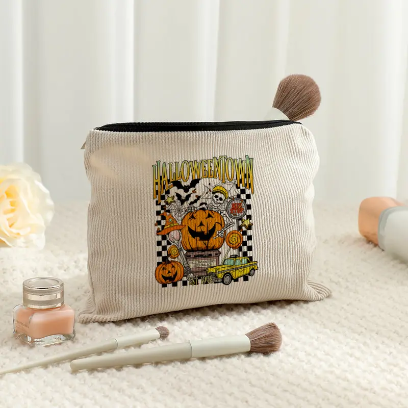 Vintage Halloweentown Pumpkin Skeleton Print Corduroy Cosmetic Bag Halloween Zipper Pouch Travel Makeup Toiletry Storage Gift