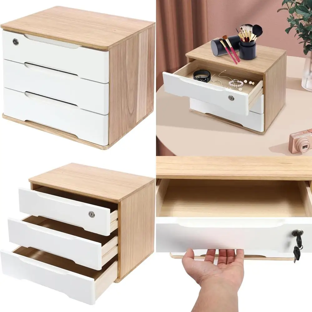 

Lockable 3-Drawer Wood Desk Organizer, Home Office Tabletop Storage Cabinet, 15.35 x 11.81 x 12.2