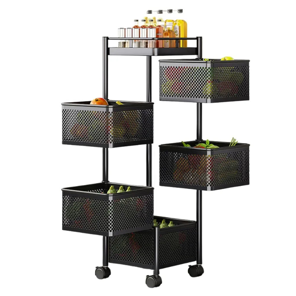 5 Tier Rolling Cart Vegetable Rack for Kitchen Rotating Storage Rack with Swivel Base Mobile Kitchen Cart on Wheels Breathable D