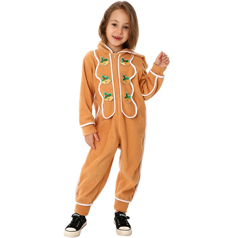 Gingerbread Man Cosplay Traje para Crianças, Unisex, Ano Novo, Feriado, Natal, Macacão, Fofo