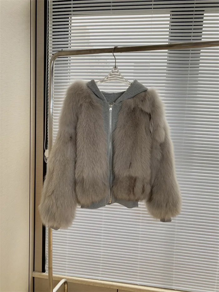 New Hooded Two-sided Fox Fur Hoodie Short Fur Coat Lady