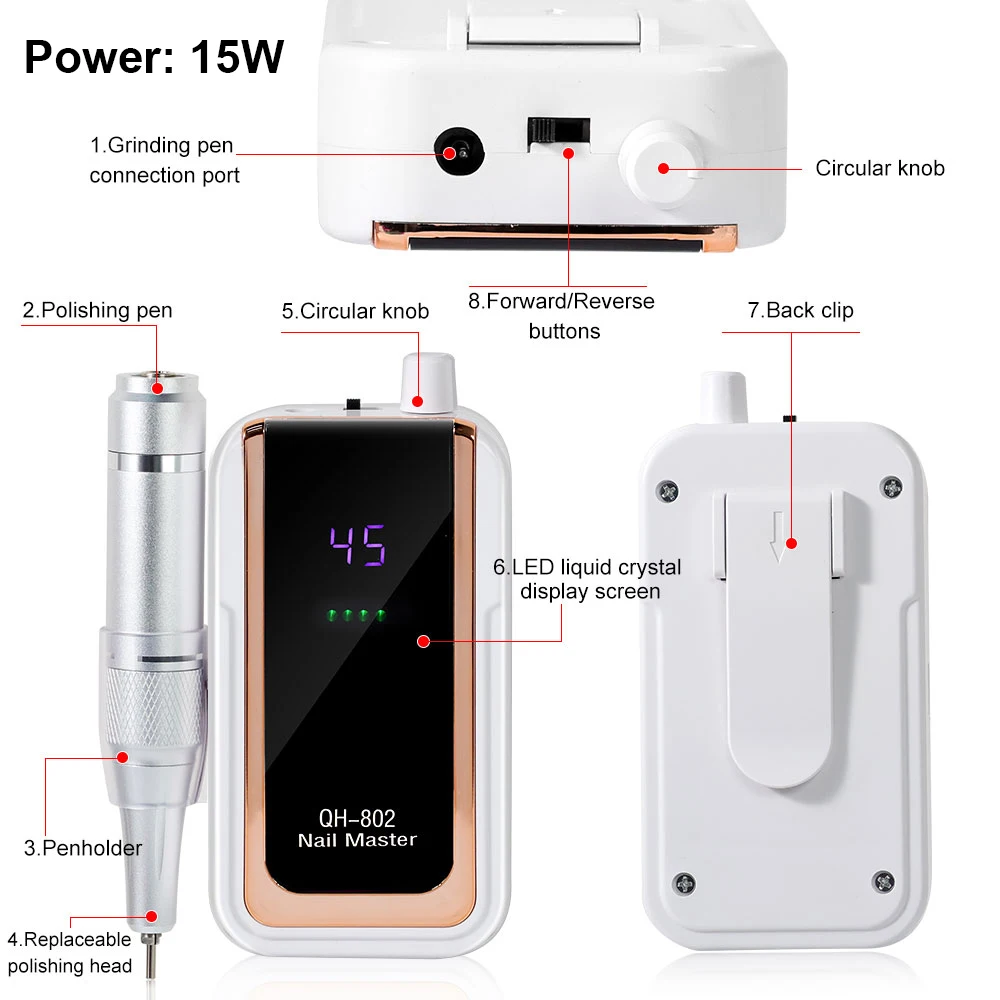 45000RPM Electric Nail Drill File Rechargeable Portable Electric Nail File Machine Kit for Nail Polishing Removing Gift Supplies