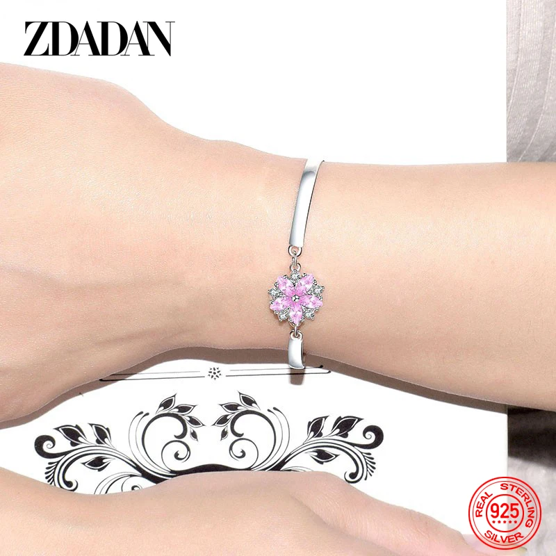 ZDADAN 925 Sterling Silver Flower Pink Zircon Bracelet Chains For Women Fashion Jewelry