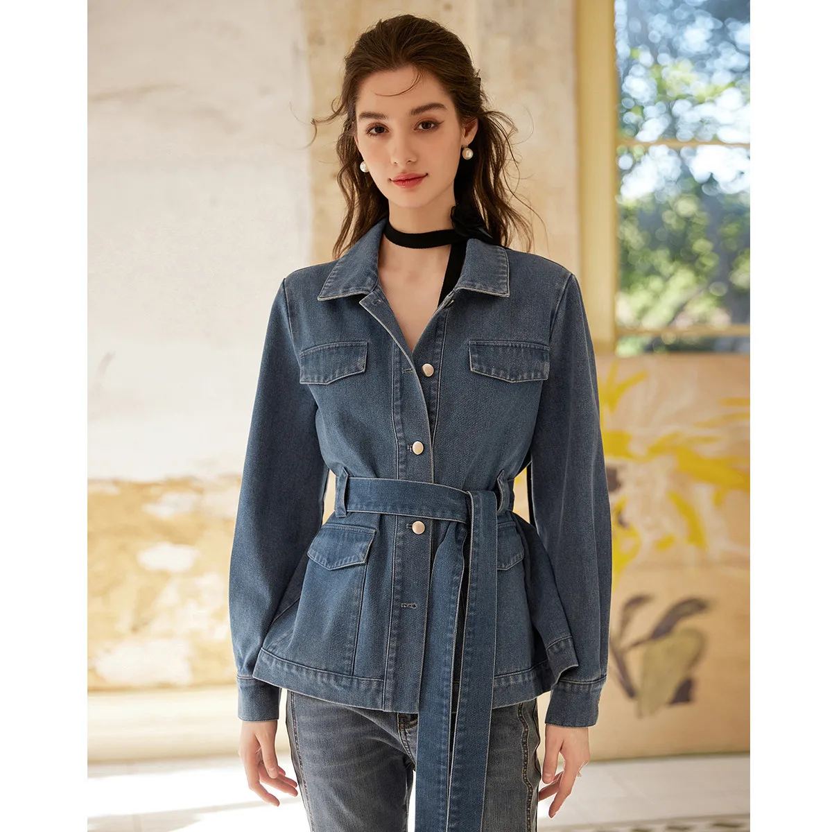 LOUISYAO Retro Lapel Washed Denim Jacket Women 2026 Spring Autumn Symmetric Pocket Belt Decoration Casual Ladies Coat