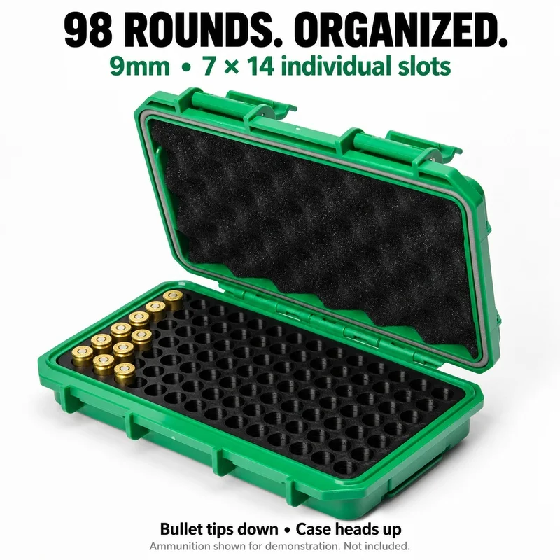 9mm 98 Round Ammo Storage Box Topographic Green ABS Hard Case with Foam Lined Lid and Dual Latches