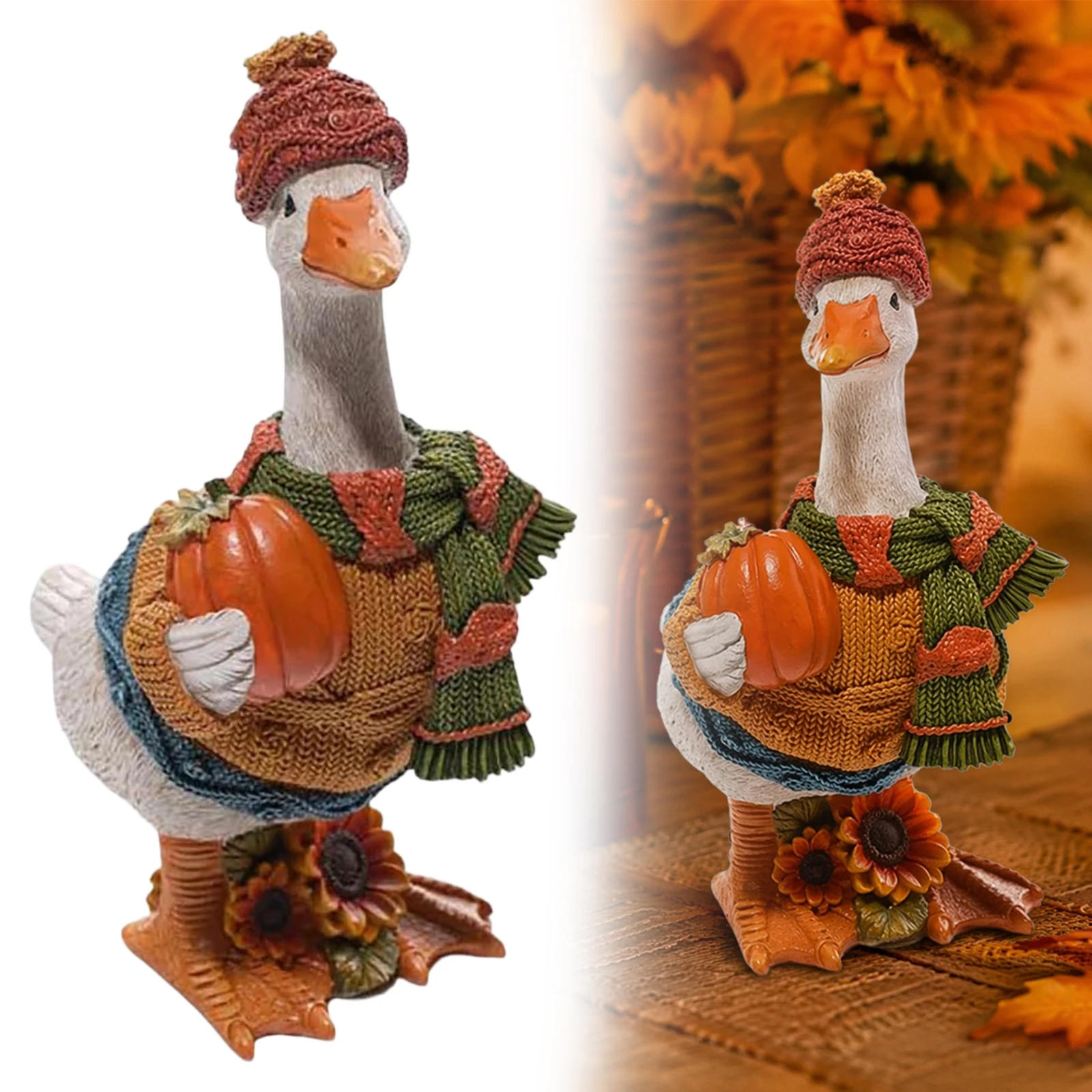Cute Duck Holding Pumpkin Figurine Handpainted Fall Thanksgiving Decorations Multi-Purpose for Front Porch Garden Decors
