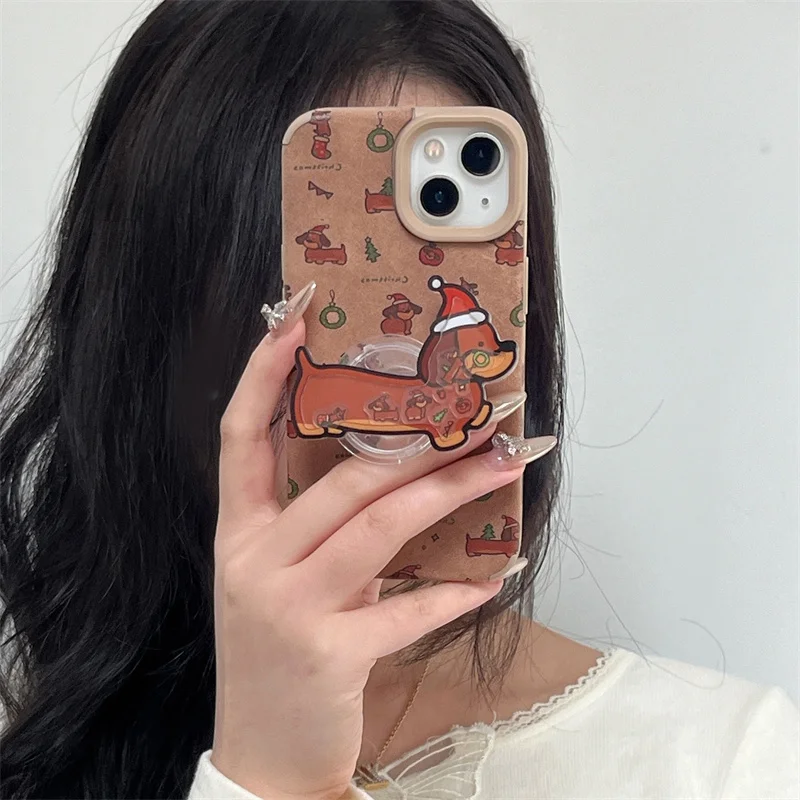 Cartoon Dog Christams Stand Phone Case For iPhone 16 Pro 14 12 13 Pro Max Cover with Holder Silicone Cases For Apple 15 Pro Capa