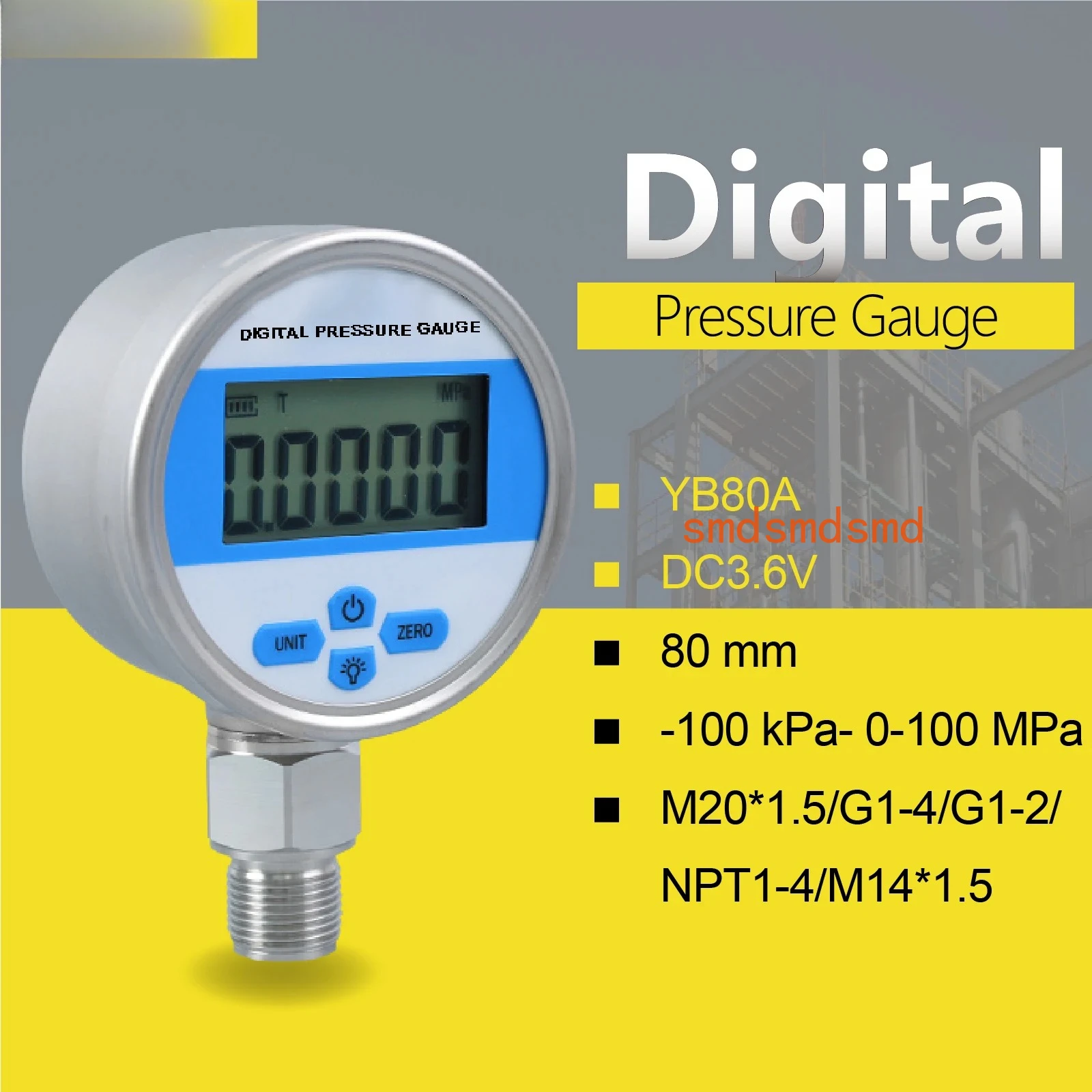 

YB80A Digital Pressure Gauge Battery Powered Precision High Pressure Vacuum Manometer Stainless Steel LCD Display