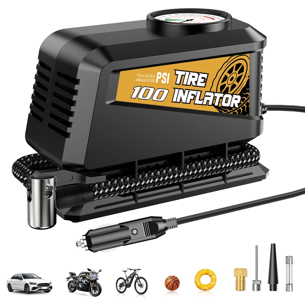 Carsun 12V Portable Air Compressor 100Psi - Quick Inflation Mechanical Gauge for Cars, Motorcycles & Balls (Plug-And-Play)