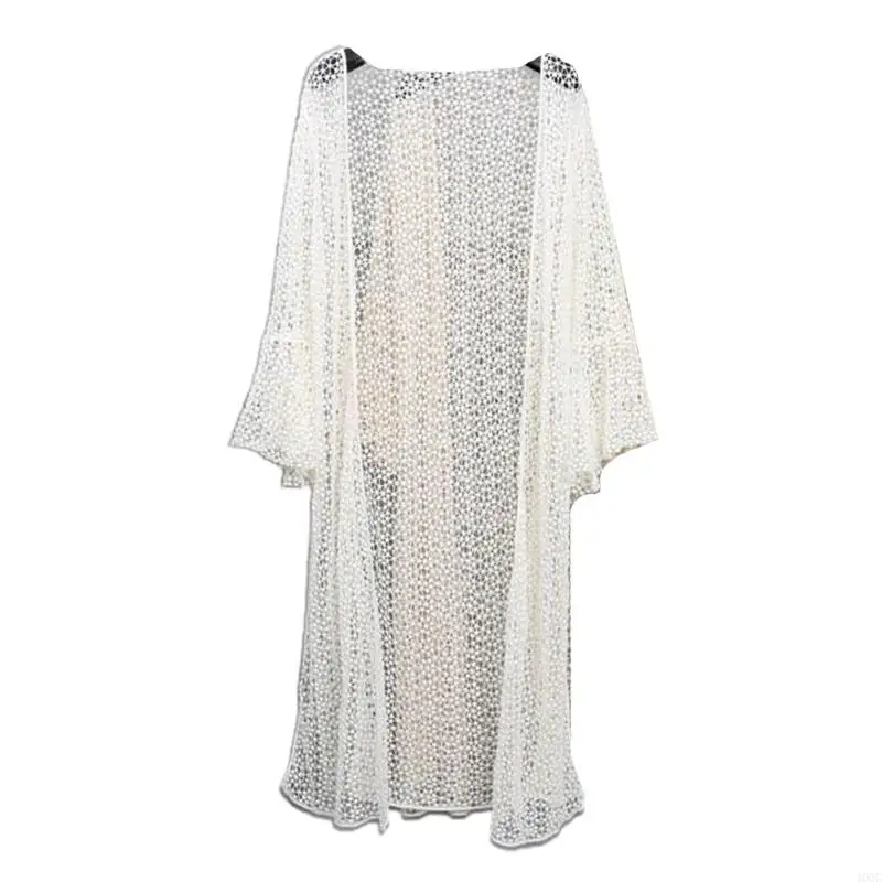 40GC Women Summer Flare Sleeve Long Kimono Cardigan Boho Hollow Out Crochet Sheer Lace Swimsuit Cover Up Side Split Open Front