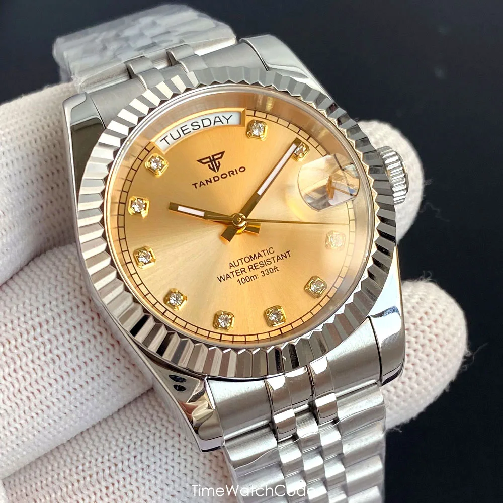 Tandorio Luxury NH36A Watch for Men Automatic Movement Classic Roman Dial Diamond Markers Day Date Sapphire Jubilee Band 36/39mm