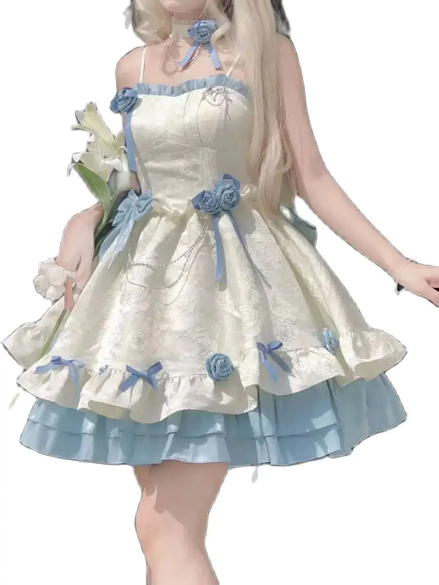 Japan Fashion Japanese Women Dress Lolita Sling Gemini Blue Princess Dark Gothic Sling Vestidos