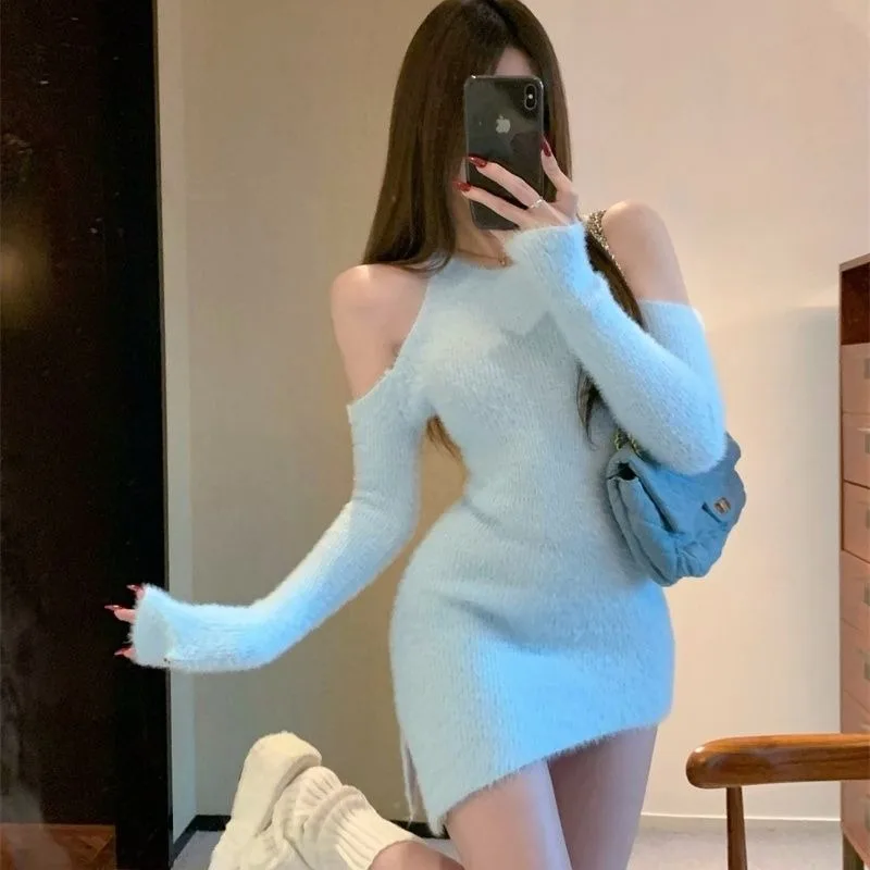 Gaun pesta rajut Bodycon musim gugur Chic gaun Mini Y2k seksi lengan panjang kasual wanita Gaun satu potong bulu palsu Korea