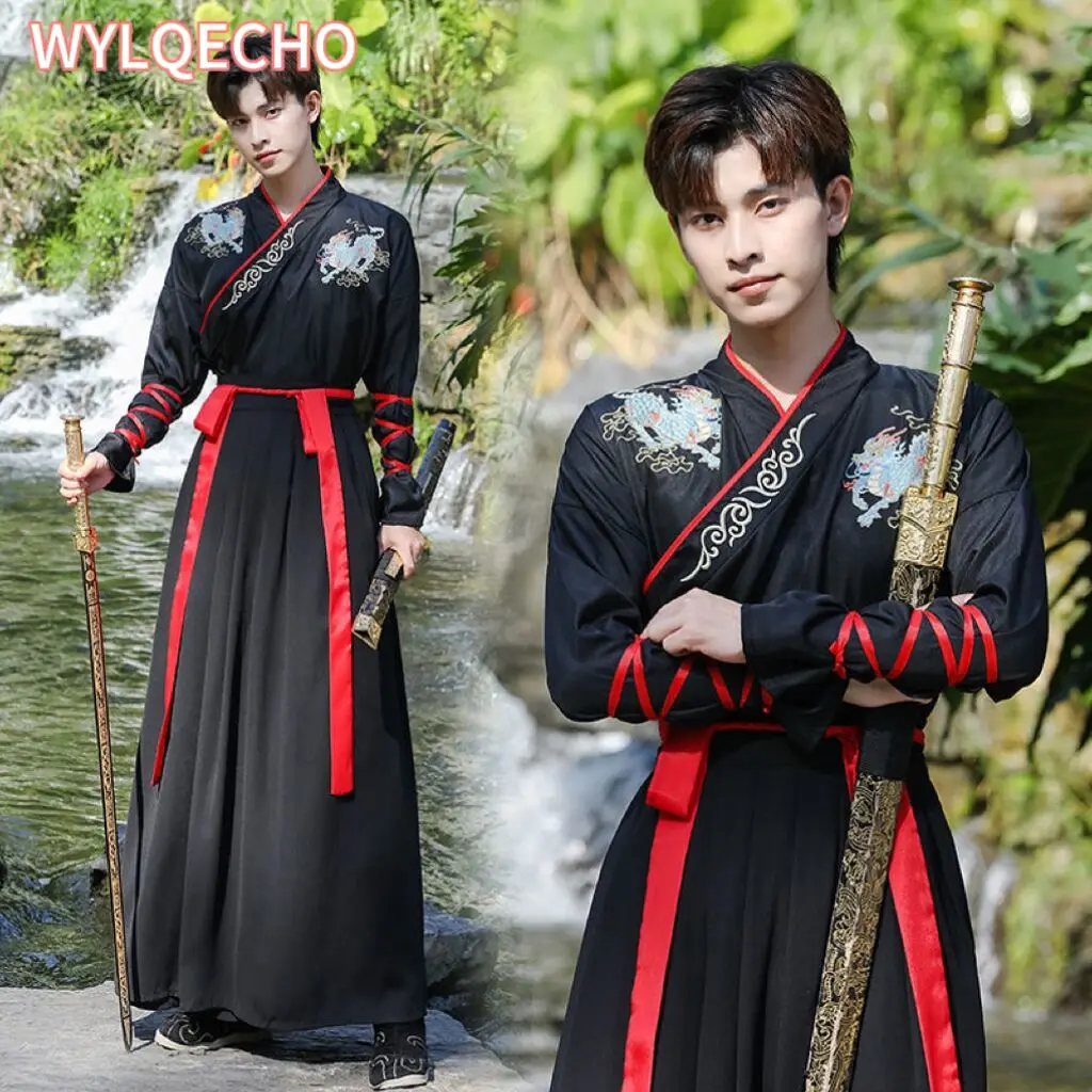 

Ancient Chinese Dress Hanfu Men Traditional Embroidery Dresses China Style Martial Arts Cosplay Costume Kimono Student Uniform