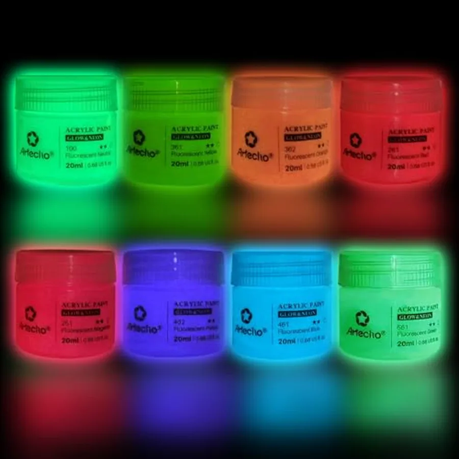 

Glow in the Dark Acrylic Paint Set 8 Colors x 20ml 0.7oz,Non-Toxic Waterproof Art Supplies for Canvas Rock Wood Fabric Rich Pig