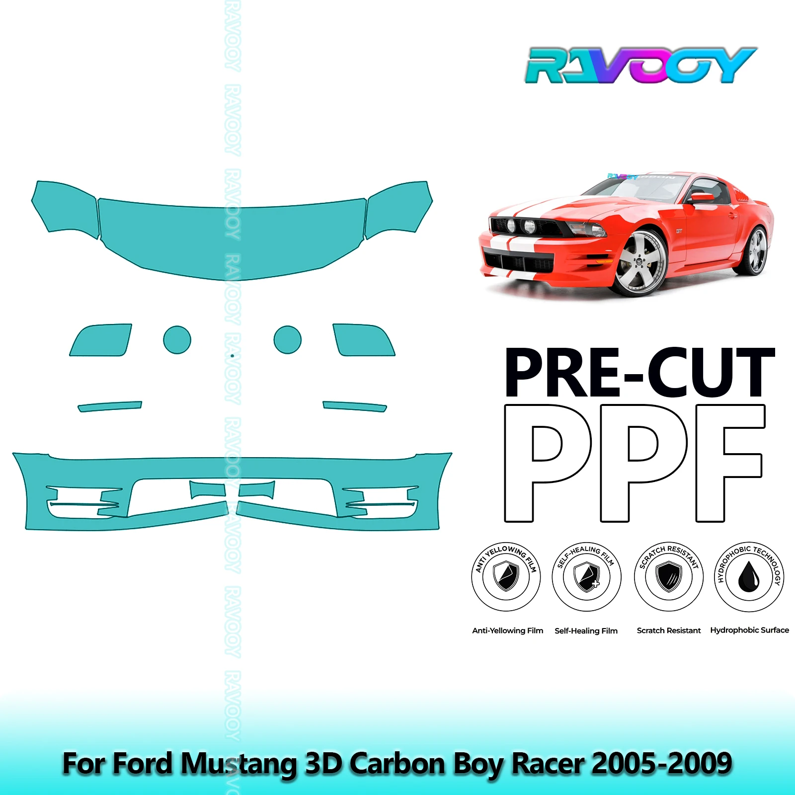 For Ford Mustang 3D Carbon Boy Racer 2005-2009 Partial Front Pre-Cut Paint Protection Film PPF Clear Bra Kit | Clear/Matte/Black