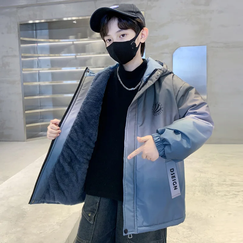 Child Winter Fleece Parka Jacket with Zipper for Boy Gradient Color Thick Insulated Trench Coat Kids Thermal Outerwear Overcoat