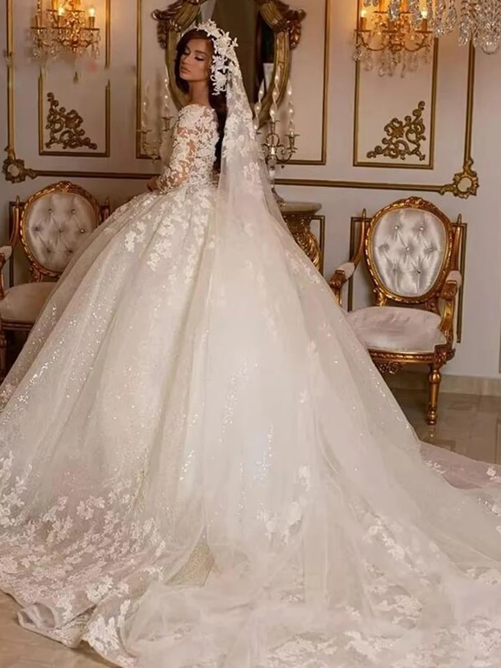 Vestidos de noiva românticos com decote em v, mangas compridas personalizadas, apliques, vestidos de casamento, festa formal, roupas de casamento, robe mariee