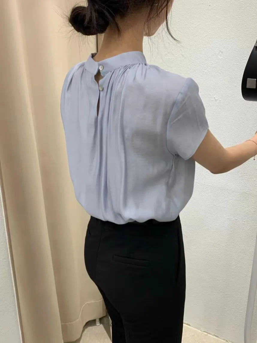 

Ele Summer Chic воротник-стойка плиссированная текстура Fly Sve шелковый топ женский модный свободный крой ort Sve