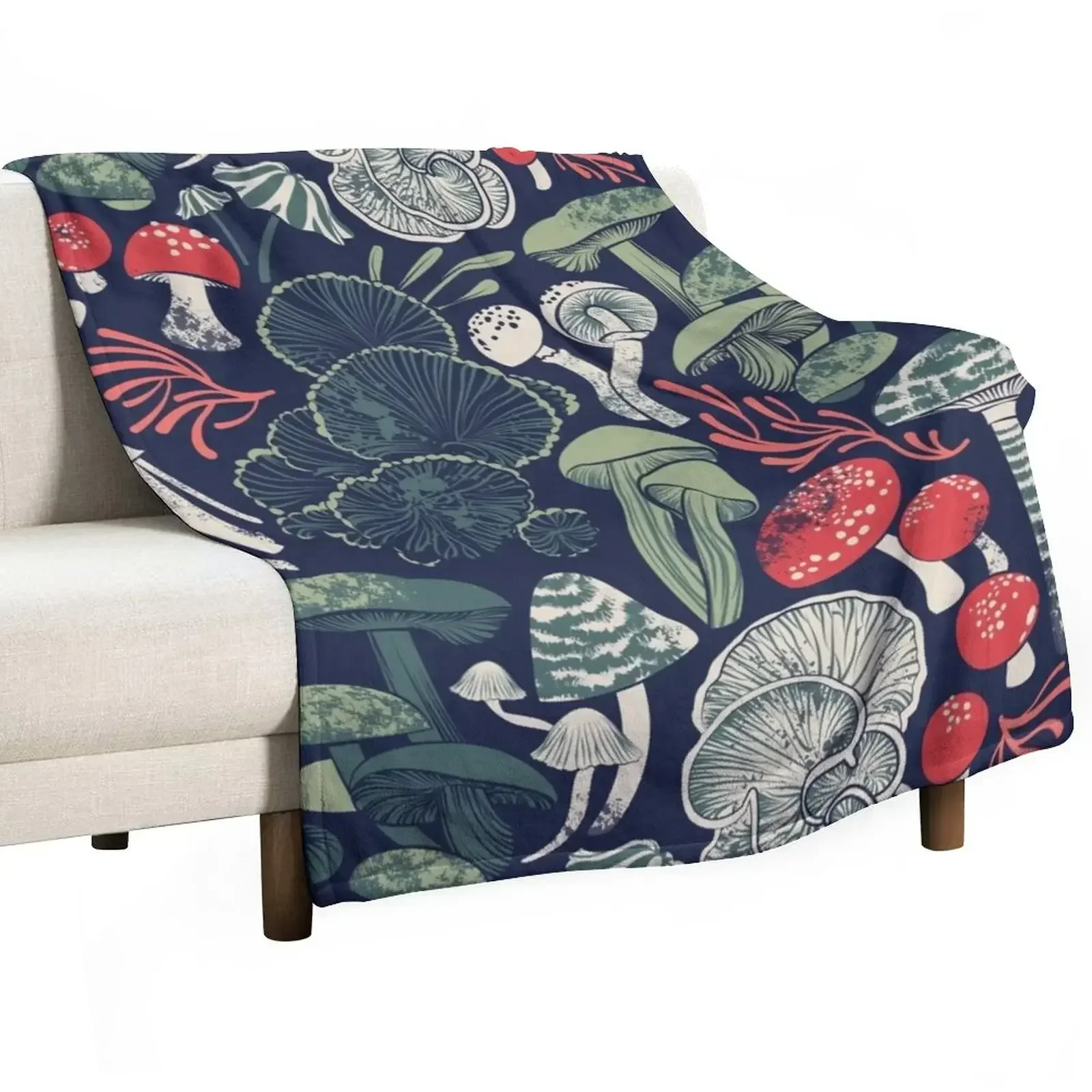 

Mystical fungi // midnight blue background sage and forest green red and coral wild mushrooms Throw Blanket Kid'S Blankets