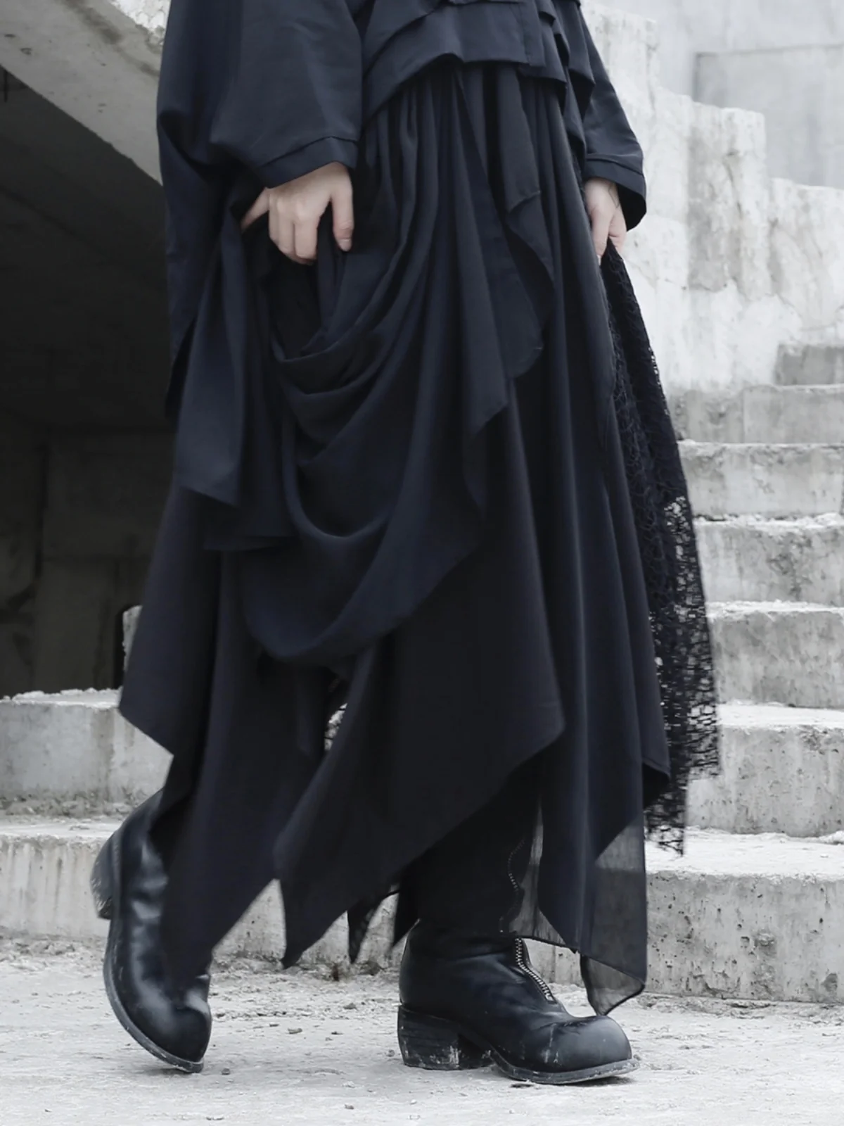 Dark Series Heavy Industry Pioneering Design Spliced Net Skirt Midi Skirt Versatile mid Waist Pure Color Autumn Season Women'...