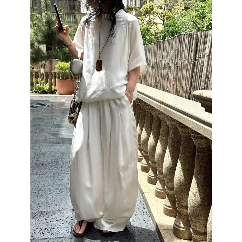 Johnature Fashionable Pleated Wide-leg Trousers For Summer   New Drape Comfortable Loose Casual Trousers For Women
